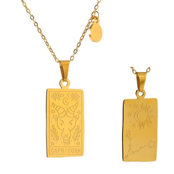 Jewelry - NEW 18K Gold Plated Capricorn Sign Zodiac Tarot Card Square Pendant Necklace